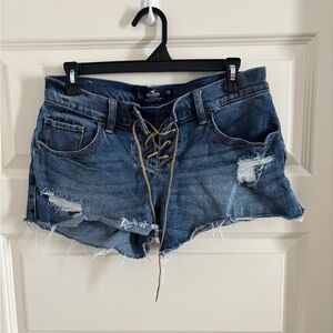 Hollister Lace-Up Distressed Denim Jean Shorts - Dark Blue
